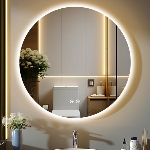 GIMBELEN Badezimmerspiegel mit Beleuchtung, 60 cm Runder Badspiegel mit Beleuchtung, 3 Lichtfarben, Dimmbar, Touch-Schalter, Speicherfunktion, Energiesparend, LED Spiegel Bad Wandspiegel mit Licht von GIMBELEN