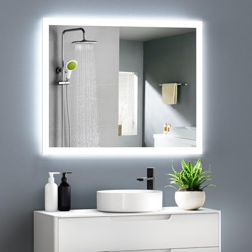 GIMBELEN Badezimmerspiegel mit Beleuchtung, 80 x 60 cm Bad Spiegel mit Licht und Tastenschalter, LED Spiegel Bad mit Antibeschlag, 2 Lichtfarben Einstellbar,3000K / 6500K, Energiesparend von GIMBELEN