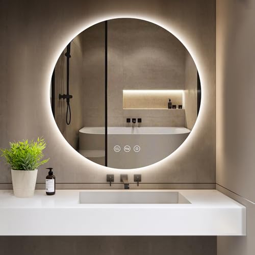 GIMBELEN Badezimmerspiegel mit Beleuchtung, Runder Badspiegel 80 cm mit 3 Lichtfarben, Dimmbar, Anti-Beschlag, Touch-Schalter, Speicherfunktion, LED Bad Spiegel mit Licht, Energiesparend von GIMBELEN
