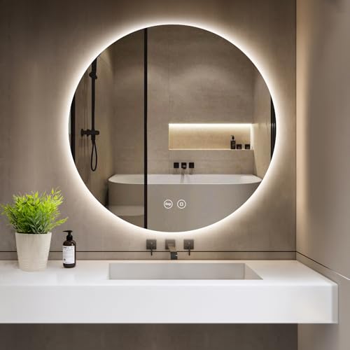 GIMBELEN Badspiegel mit Beleuchtung, LED Runder Spiegel mit Beleuchtung, 3 Lichtfarben, Dimmbar, Touch-Schalter, Speicherfunktion, Energiesparend, Rund IP44 Wasserdicht Badezimmerspiegel 60 cm von GIMBELEN