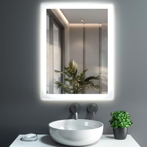 GIMBELEN Badspiegel mit Beleuchtung, LED Spiegel Bad mit Tastenschalter, Badezimmerspiegel mit Beleuchtung, Antibeschlag, Kaltweiß, Warmweiß, Memory-Funktion, 45x60 cm Badezimmer Wandspiegel von GIMBELEN