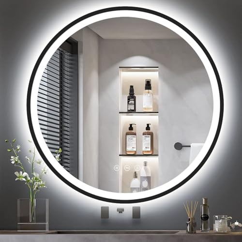 GIMBELEN Badspiegel mit Beleuchtung 70 cm, Runder Spiegel mit Touch-Schalter, Antibeschlag, 3 Lichtfarben (3000K/4000K/6500K) von GIMBELEN