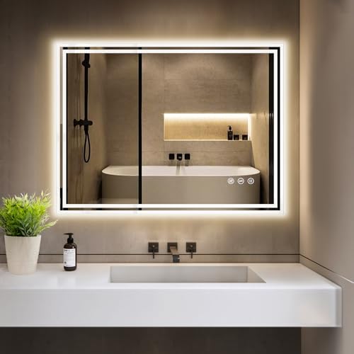 GIMBELEN Badspiegel mit Beleuchtung 80x60 cm, Led Spiegel Bad mit Steckdose, 3 einstellbare Lichtfarbe, Antibeschlag und Touchschalter, Explosionsgeschütztes Glas,IP44 Horizontal/Vertikal von GIMBELEN
