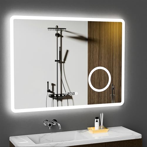 GIMBELEN LED Badezimmer Spiegel mit Uhr 80 x 60 cm, 3 Lichtfarben, Dimmbar, 3-facher Vergrößerung, Anti-Beschlag, Speicherfunktion, IP44 wasserdicht von GIMBELEN