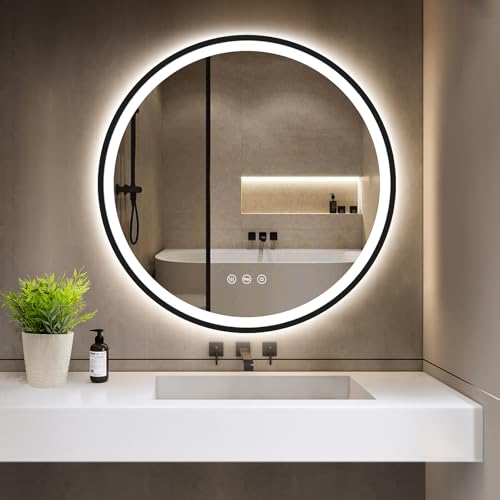 GIMBELEN LED Runder Badezimmer Spiegel mit Beleuchtung 80 cm, Antibeschlag, Dimmbar, Energiesparend, 3 Lichtfarben, Touch-Schalter und Speicherfunktion, LED Badspiegel Schwarz von GIMBELEN