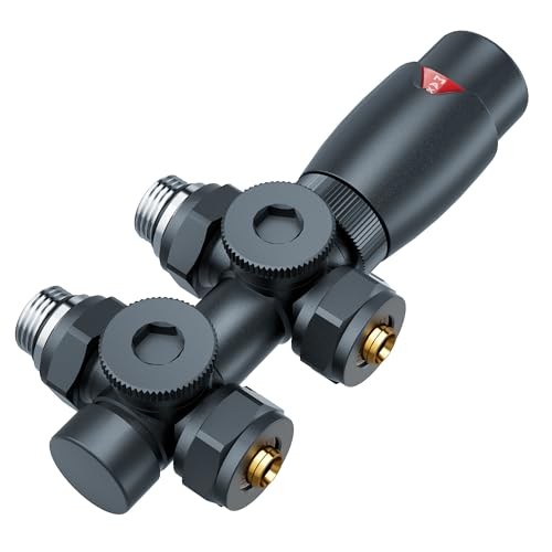 GIMBELEN Multiblock Set für Heizkörper Anschlussarmatur mit Thermostat, Hahnblock Heizkörper Ventil Eck- und Durchgangsform, Heizkörperventil für Badheizkörper Heizungszubehör Anthrazit G1/2" von GIMBELEN