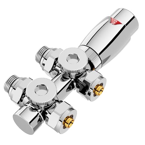 GIMBELEN Multiblock Set für Heizkörper Anschlussarmatur mit Thermostat, Hahnblock Heizkörper Ventil Eck- und Durchgangsform, Heizkörperventil für Badheizkörper Heizungszubehör Chrom G1/2" von GIMBELEN