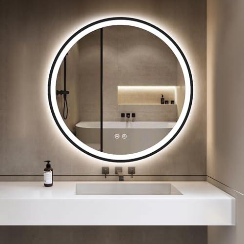 GIMBELEN Runder Spiegel mit Beleuchtung, Badspiegel mit Beleuchtung mit Speicherfunktion, dimmbar, 3 Lichtfarben, IP44 HD Sicherheitsglas, LED Spiegel Bad Schwarz, 50 cm von GIMBELEN