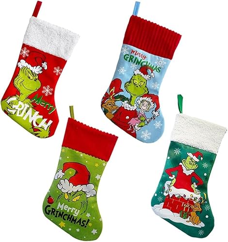 4 Stück Grinch Weihnachtsstrumpf gestrickt, 35 cm Grinch Weihnachtsdekorationen, große bestickte Weihnachtsbaumschmuck, Taschen für den Innenbereich für Zuhause, Weihnachten, Kamin, Weihnachtsbaum, von GINGER TECH