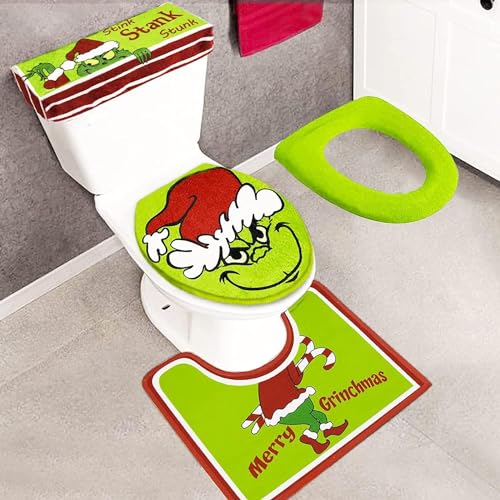 GINGER TECH Weihnachten Grinch Dekoration Toilettenbezug & Teppich Set, 4 Stück Badezimmer Grinch Dekorationssets, Lustige Weihnachten Badematte, U-förmige Kontur WC Vorleger, rutschfest von GINGER TECH