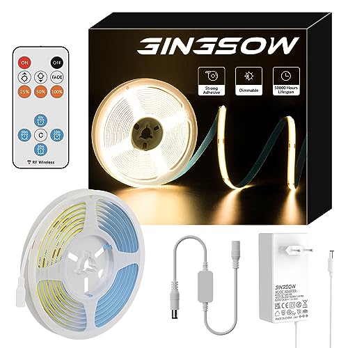 GINGSOW COB LED Streifen Warmweiss 3000K mit RF Fernbedienung und Netzteil,LED Band 5m Dimmbar 24V Flexibel LED Strip Lights set CRI90+ Hell Unterbauleuchte für Home DIY Dekoration,Timerfunktion GINGSOW COB LED Streifen Warmweiss 3000K mit RF Fernbedienung und Netzteil,LED Band 5m Dimmbar 24V Flexibel LED Strip Lights set CRI90+ Hell Unterbauleuchte für Home DIY Dekoration,Timerfunktion von GINGSOW