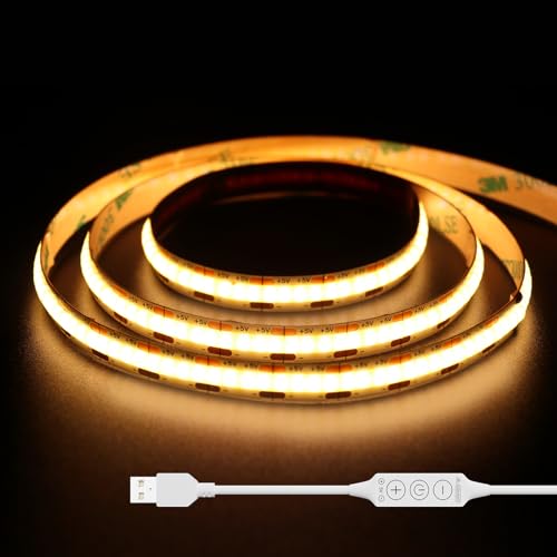 Gingsow USB COB LED Streifen 5V Warmweiss 2700K 2M,640LEDs Dimmbar COB LED Strip Lights CRI80+ TV Hintergrundbeleuchtung,Flexibel LED Band Unterbodenleuchte für Küche,Zuhause DIY Beleuchtung von Gingsow