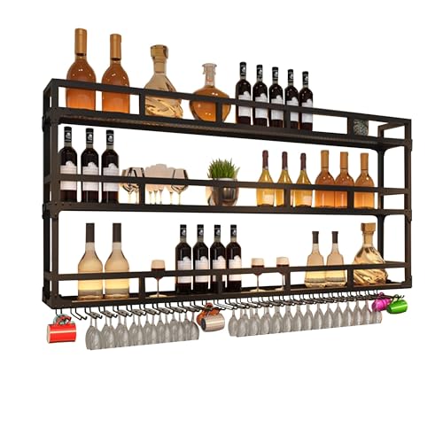 Weinregal Wand Metall mit Licht Flaschenregal Wine Rack Weinschrank Schmal Barschrank mit Weinglashalter Weinständer Weinflaschenhalter Getränke Regal Mini Bar für Esszimmer Home Bar Küche(Black,3LAYE von GINKOEHD