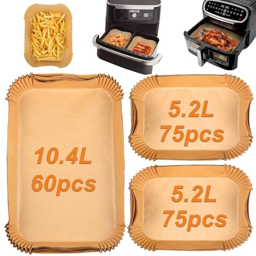 GINOYA Backpapier für Heißluftfritteuse Ninja AF500EU AF500EUCP, Cecotec 9000, Fritteusen Zubehör für große 10.4L & 10L verschiedene Zwei Größen Luftfritteusen (210 Stück) von GINOYA