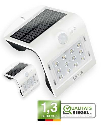 GINUX® 2 x 15W Solarlampen für außen mit Bewegungsmelder | 12 LED Supperhelle Solarleuchten | Solar Lampe Outdoor für Wand und Garten mit 3 Modi (Weiß, 2 x 1.5W) von GINUX
