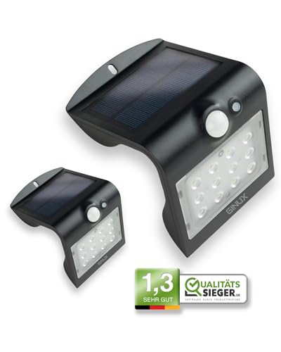 GINUX® 2 x 15W Solarlampen für außen mit Bewegungsmelder | 12 LED Supperhelle Solarleuchten | Solar Lampe Outdoor für Wand und Garten mit 3 Modi (Schwarz, 2 x 1.5W) von GINUX