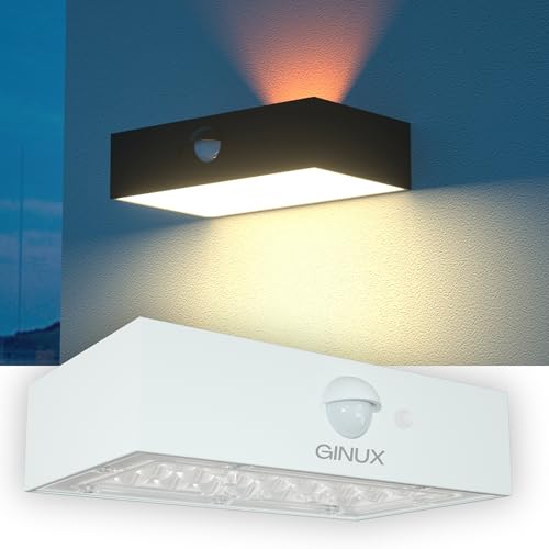 GINUX® Solarlampen für außen mit Bewegungsmelder - Kleine Dekorative Solar Wandleuchte aussen mit Superhellen LEDs und PIR-Sensor, Solar LED Strahler für Wand und Garten (Ziegel 30W Weiss) von GINUX