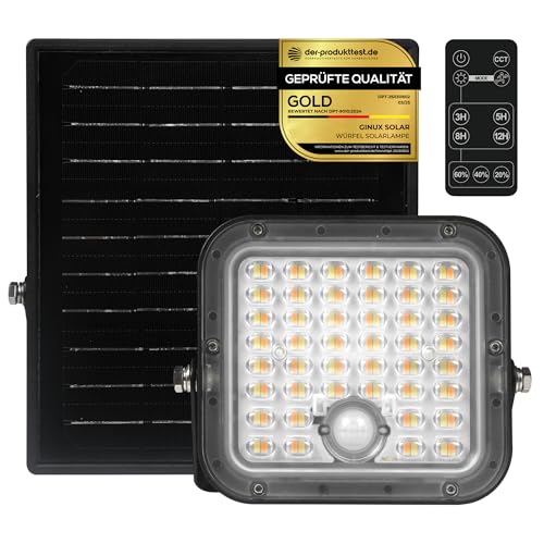 GINUX® Solarlampen für außen mit Bewegungsmelder - Solar Wandleuchte aussen und innen mit Superhellen LEDs, PIR-Sensor, 2 LED-Farben und Fernbedingung, Solar LED Strahler für Garten (Würfel 100W) von GINUX