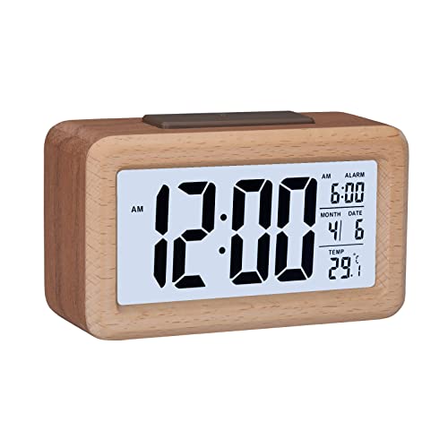 GINZER Digitaler Wecker aus Holz, großes LED-Display Holzmaserung, intelligenter Sensor-Nachtlicht, Schlummerfunktion und Temperatur, batteriebetrieben, quaderförmiger Wecker für Schlafzimmer, Büro, von GINZER