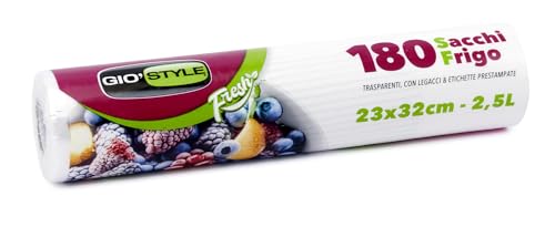 GIO'STYLE 180 Gefrierbeutel auf Rolle Fresh | 23 x 32 cm / 2,5 l | Ultra stark | vorgedrucktes Etikett auf jedem Beutel von GIO'STYLE