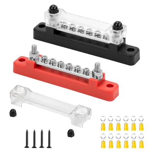 GIONAR 2 Stück Sammelschiene 12V, Verteilerblock 12V-48V DC Busbar 150 A, Sammelschiene 6 x M4, mit 12 Klemmleisten aus Kupfer, Stromschiene Verteiler für Auto, LKW, Boot, (Rot/Schwarz) von GIONAR