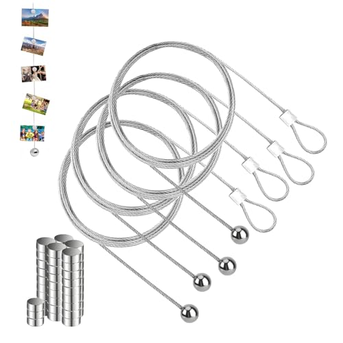 GIONAR 4 Stück Fotoseil,Fotodraht Mit Magneten, Fotoleine, mit 48 Knopfmagnete Klammern,Fotoseil Edelstahl Draht Seil BildaufhäNgung Seil Fotoseil Mit Zum AufhäNgen Von Fotopostkarten(2m X 1.5mm) von GIONAR