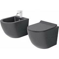 Neues Set Grau gebogener Wand-WC ohne Spülrand, mattschwarz, mit Soft-Close-Toilettensitz inklusive von GIORGY