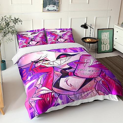 GIOSBR Hazbin Hotel 3D Gedruckter Anime Movie Für Kinder Mädchen Jungen Bettbezug Set Bettwäschegarnitur Und Kissenbezüge Weich Microfaser Bettwäsche Reissverschluss 3 Teilig King（220x240cm） von GIOSBR