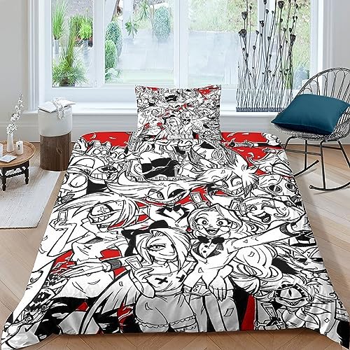 GIOSBR Hazbin Hotel Bettbezug Set Mädchen Junge Kinder 3D Gedruckter Anime Movie Bettwäschegarnitur Reissverschluss Bettwäsche Und Kissenbezüge Weich Microfaser 2 Teilig Single（135x200cm） von GIOSBR