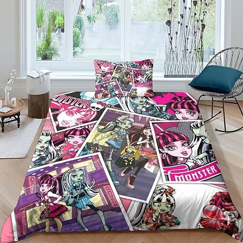 GIOSBR Monster High Bettbezug Set Bettwäschegarnitur 3D Gedruckter Mädchen Junge Kinder Reissverschluss Bettwäsche Weich Microfaser Und Kissenbezüge 2 Teilig Single（135x200cm） von GIOSBR