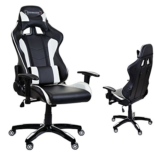 GIOSEDIO GSA042 Schwarz/Weiß Ergonomisch Gaming PC Stuhl, Chefsessel mit Verstellbarer Rückenlehne und Armlehnen. Racing Bürostuhl Komfortabler Bürostuhl in sportlicher Racer Optik. (Schwarz/Weiß) von GIOSEDIO