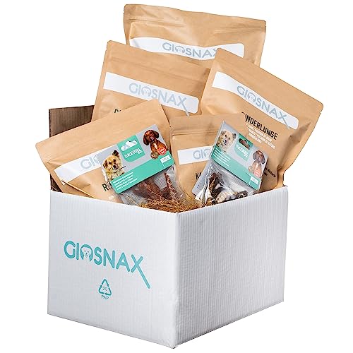 GIOSNAX - Petbox Large, Hunde Box, 400g Rinderpansen, 250g Rinderkopfhautstreifen, 250g Rinderlunge, 15 Rinderohren Natur, 2x100g KERBL Hühnchen-Filetstreifen, Kauknochen 21 cm von GIOSNAX