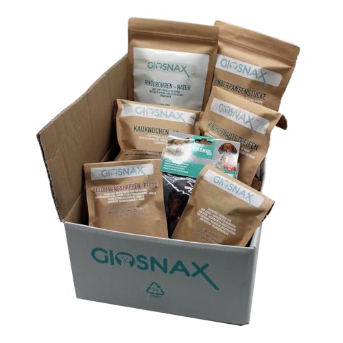 GIOSNAX - Petbox Small, 100g Rinderpansen, 100g Rinderkopfhautstreifen, 100g Mini-Herzen-Trainingsbits, 100g Belohnungshappen-Pferd, 100g Hühnchen-Filetstreifen, 2 Kauknochen, 5 Rinderohren Natur von GIOSNAX