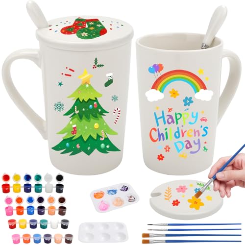 GIOVARA 2 Stück Keramik Tassen Bemalen Set für Erwachsene, Keramik Bemalen Set mit 2 Tassen, 12 Farben, Pinseln und Anleitung, Kreativ-Set für Erwachsene, Kinder - Weiße tassen zum bemalen von GIOVARA