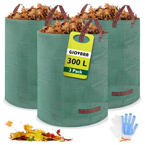 GIOVARA Gartenabfallsack pop up 3 x 300L, Laubsack für herbstlaub, Gartenabfallsack Stabil mit Griffe, Wasserdicht, faltbar, robust für Rasenschnitt, Heckenabfälle und Gartenreinigung von GIOVARA