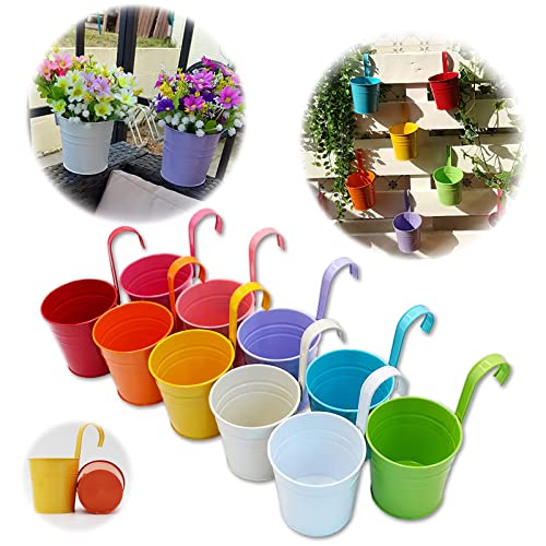 GIOVARA Blumentöpfe zum Aufhängen, Hängend Blumentopf ohne Ablaufloch, Blumentopf aus Metall für Pflanzen, 10 Stück farbenfrohe Balkon Garten Töpfe, Balkontopf mit abnehmbare Henkel von GIOVARA