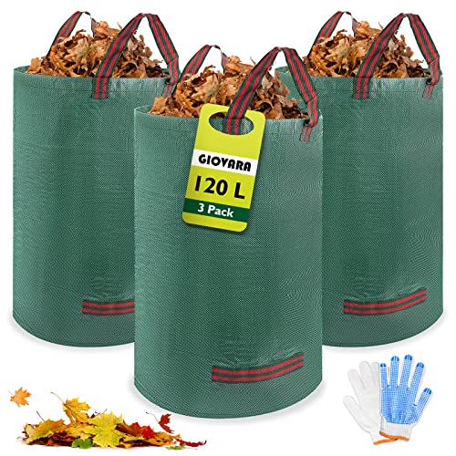 GIOVARA Gartenabfallsack pop up 3 x 120L, Laubsack für herbstlaub, Gartenabfallsack Stabil mit Griffe, Wasserdicht, faltbar, robust für Rasenschnitt, Heckenabfälle und Gartenreinigung von GIOVARA