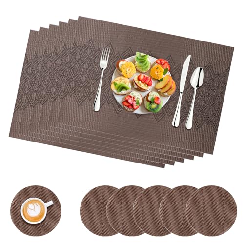 Platzset Abwischbar GIOVARA Tischsets 6er-Set,Rutschfest Abwaschbar Tischsets,PVC Abgrifffeste Hitzebeständig Platzdeckchen, leicht zu reinigen, für Esstisch, Küche, Party, drinnen und draußen (Braun) von GIOVARA