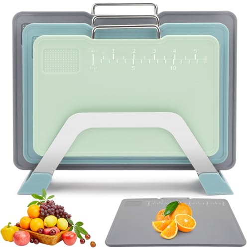 Schneidebretter Kunststoff Set mit Ständer 8mm GIOVARA 3 Stück Schneidebrett Set, Schneidebretter Kunststoff Küche für Fleisch, Küchen Schneidebrett Brettchen Spülmaschinenfest,29.4 * 24.5cm (Blau) von GIOVARA