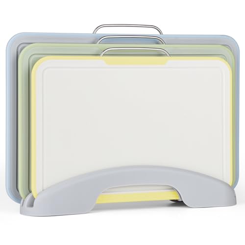 Schneidebretter Kunststoff Set mit Ständer 8mm GIOVARA 3 Stück Schneidebrett Set, Schneidebretter Kunststoff Küche für Fleisch, Küchen Schneidebrett Brettchen Spülmaschinenfest,33.2 * 22cm von GIOVARA