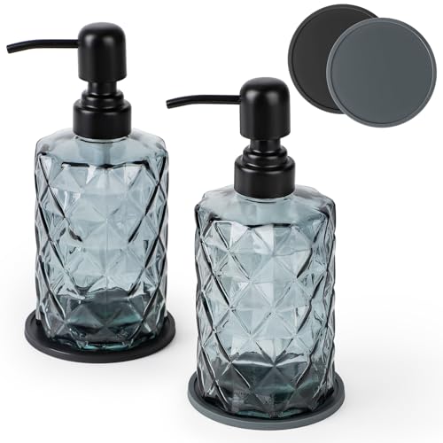 Seifenspenders Schwarz, GIOVARA Glas Seifenspenders Set 2 * 330ml Edelstahl-Pumpspender für Flüssigseife, 2 Untersetzer, Seifenspenders Set Handseifenspender für die Küche von GIOVARA