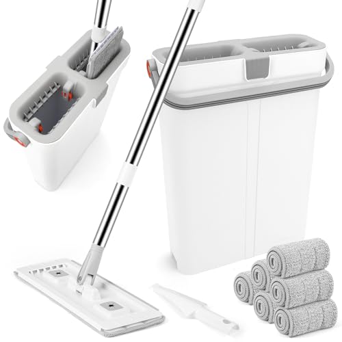 Wischmopp mit Auswringfunktion GIOVARA 8L Bodenwischer Innovativem Set, Wischmopp Set mit Eimer, Putzeimer mit Wischmop 6 Mikrofaser Wischpads Enthalten, Bodenwischer Set für Alle Böden von GIOVARA