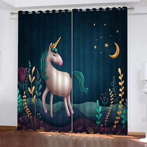 GIOVIA 3D Einhorn Gardinen Abdunkelnde Mond Sternenhimmel Kindervorhänge Vorhang mit ösen 2er Set Vorhänge Blickdicht Verdunkelungs für Kinderzimmer Schlafzimmer Wohnzimmer B 140 X H 160 cm von GIOVIA