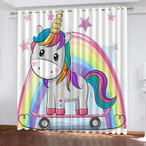 GIOVIA 3D Einhorn Gardinen Abdunkelnde Regenbogen Einhorn Kindervorhänge Vorhang mit ösen 2er Set Vorhänge Blickdicht Verdunkelungs für Kinderzimmer Schlafzimmer Wohnzimmer B 140 X H 160 cm von GIOVIA