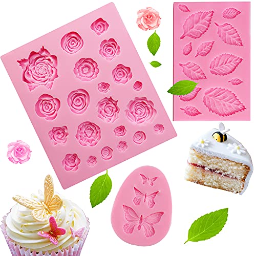 GIRAFEDA 3 Stück Blätter Silikonform 3D DIY Silikon Schmetterling Silikonform Fondant Rose Silikonformen Blumen Dekorieren Werkzeuge Silikonblütenformen für Süßigkeiten Schokolade Kuchen von GIRAFEDA