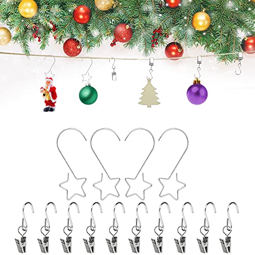 GIRAFEDA 40 Stück Weihnachtskugel Haken Metall Christbaumkugel Aufhänger S Haken Stern Kugelaufhänger Christbaumschmuckhaken Silber Schnellaufhänger mit 10 Klammer mit Haken für Weihnachtsbaumschmuck von GIRAFEDA