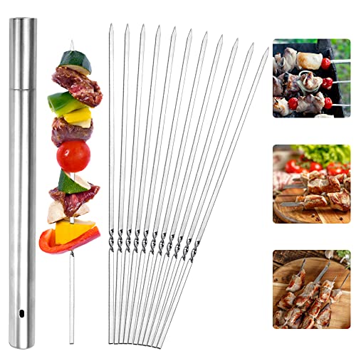 GIRAFEDA 24 Stück Schaschlikspieße Edelstahl Grillspieße Flache Schaschlikspieße Wiederverwendbare Metallspieße Lange BBQ Kebab mit Aufbewahrungsrohr für Fleischgarnelen Hühnchen Gemüse Kebab(35 cm) von GIRAFEDA