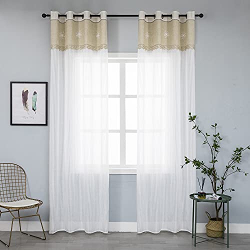 1 Paar weiße halbtransparente Vorhänge mit Streifen am oberen Saum in Beige mit Stickerei, Blumenmischung, Shabby-Chic-Stil, für Schlafzimmer, 2 Vorhänge mit Ösen (beige, 140 x 280 cm) von GIRASOLE HOME