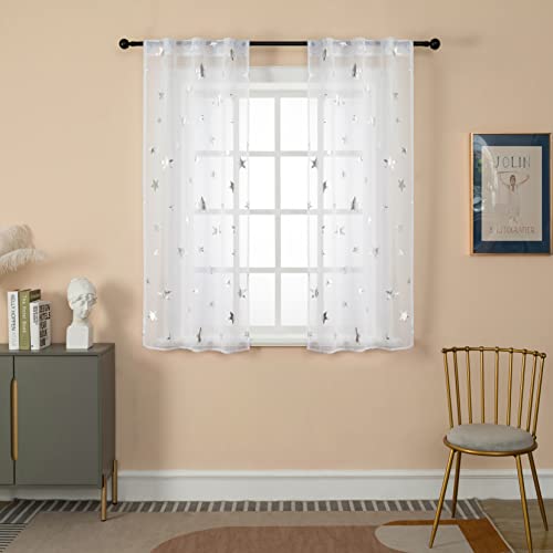 GIRASOLE HOME® 1 Paar Voile Filtervorhänge Muster Sterne Silber Vorhang Weiß für Innenbereich mit Tasche und versteckten Schlaufen 2 Paneele (Sterne Silber, 70 x 145 cm) von GIRASOLE HOME