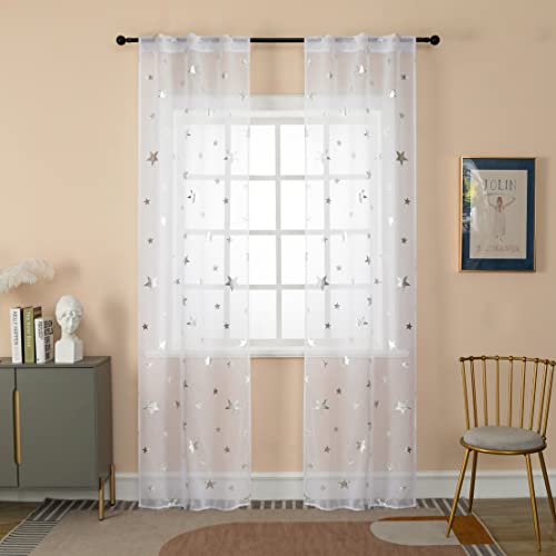GIRASOLE HOME® 1 Paar Voile Filtervorhänge Muster Sterne Silber Vorhang Weiß für Innenbereich mit Tasche und versteckten Schlaufen 2 Paneele (Sterne Silber, 70 x 235 cm) von GIRASOLE HOME